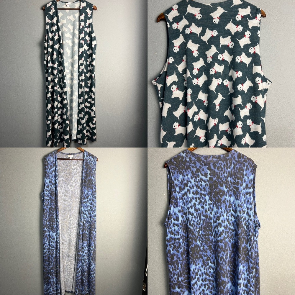 Lot of 2 LuLaRoe Duster Vest Sleeveless Cardigan Dog Print Camo Layering L & XL